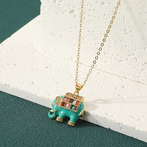 Cute Copper Elephant Pendant Necklace For Women Colorful Zirconia Inlaid Gold Plated Enamel Animal Lucky Elephant Jewelry