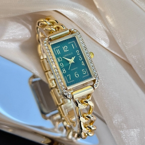Orologio Moda Donna Rettangolo Cristallo Lega Catena Grossa Cinturino Elegante Lusso Quarzo Orologio Da Polso