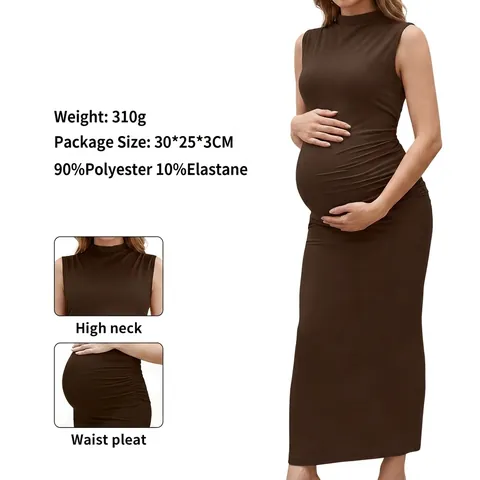 Vestito Lungo Premaman Senza Maniche Collo Alto Arricciato Aderente Tinta Unita Poliestere Elastan Gravidanza Elegante