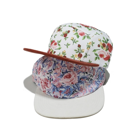 5-Panel Camp Cap Floral Print Polyester Canvas Contrast Suede Flat Brim Hip Hop Streetwear Adjustable Strap Hat