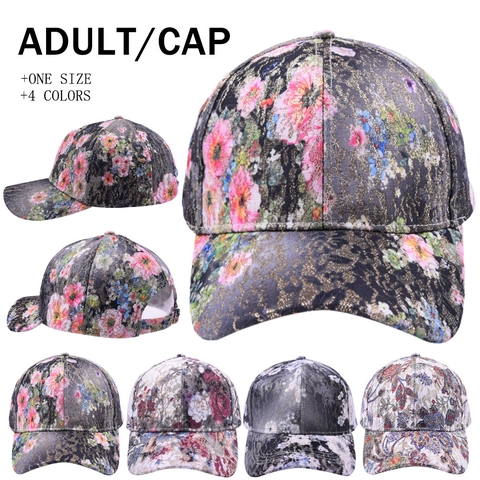 Cappello Da Baseball Con Stampa Floreale Cotone Luccicante Paillettes Vintage Protezione Solare Regolabile Per Donna