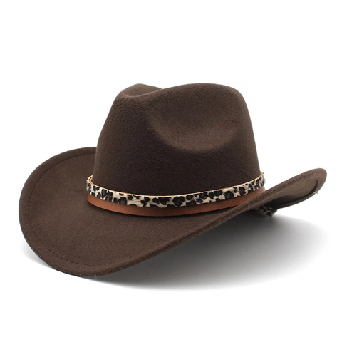 Western Cowboy Hat Woolen Felt Wide Brim Retro Jazz Fedora With Leopard Print Belt Decor For Men Women Unisex