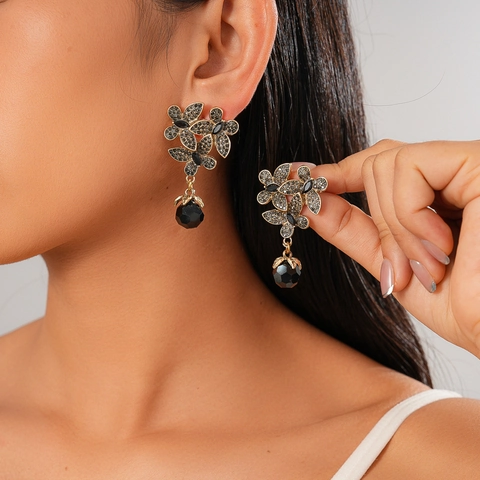Bloem Druppel Oorbellen Met 925 Sterling Zilveren Oorknopje Retro Dark Style Strass Glas Legering Voor Vrouwen Vintage