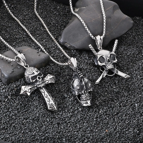 Collar Con Colgante De Calavera Y Cruz Acero Inoxidable Estilo Gótico Punk Retro Joyas Para Hombre Motivos De Daga