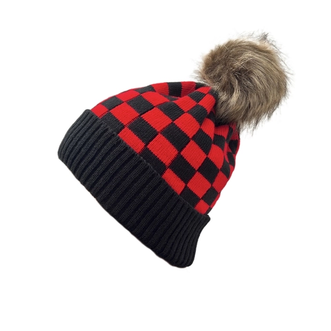 Gebreide Muts Acryl Geruit Patroon Kunstbont Pompon Winter Outdoor Ski Voor Dames