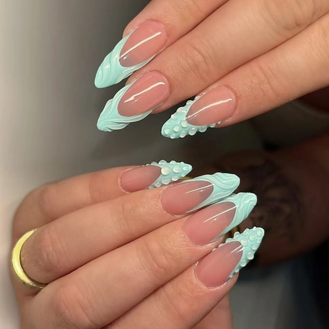 Uñas Postizas Press On Forma Almendra Punta Francesa Relieve 3D Patrón Concha Verde Menta Rosa Nude Plástico ABS