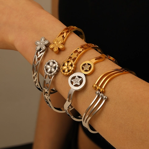 Roestvrijstalen Armring Armband Tweekleurig 18K Verguld Bloem Ster Strass Open Manchet Sieraden Voor Dames