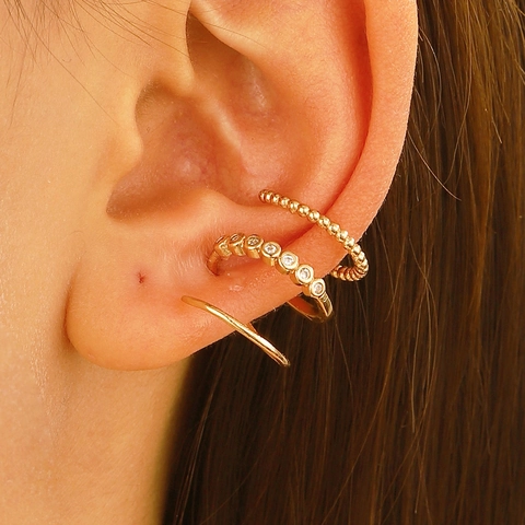 Koperen Strass Triple Layer Spiraal Ear Cuff Zonder Piercing Geometrische Kralen Oorclip Minimalistische Sieraden Voor Dames