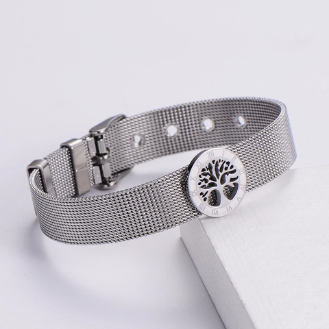 Bracciale Con Ciondolo Albero Della Vita Tondo Acciaio Inossidabile Maglia Milano Numeri Romani Gioielli Regolabili