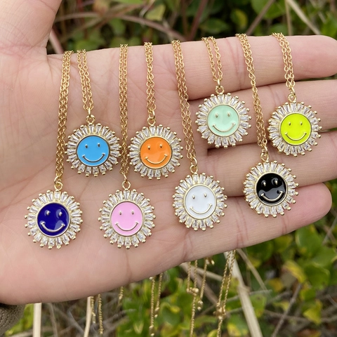 Collana Con Ciondolo A Girasole Faccina Sorridente Rame Zircone Smalto Colorato Catena In Acciaio Inossidabile Gioielli Per Donna