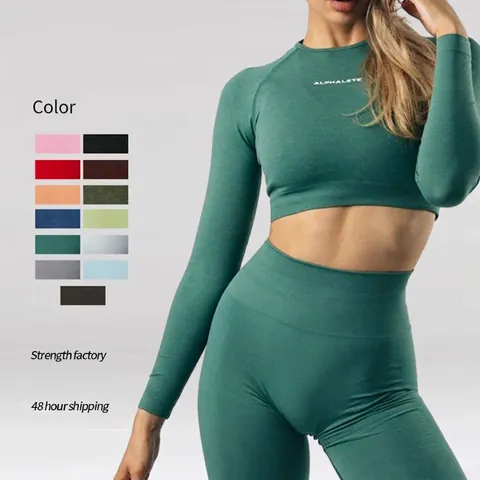 Completo Yoga Senza Cuciture Donne Crop Top A Maniche Lunghe E Leggings A Vita Alta Controllo Pancia Fitness Gym