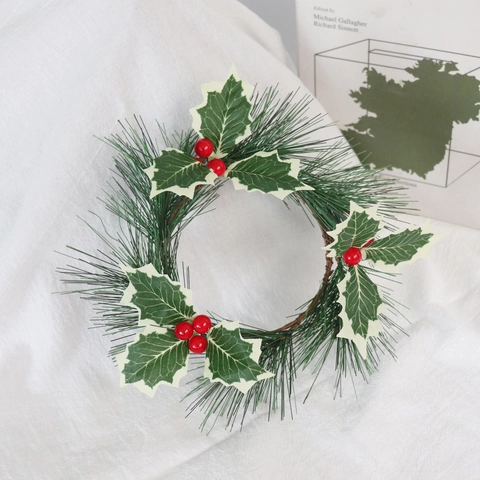 Anneau De Bougie De Noël Artificiel Aiguille De Pin Feuille De Houx Baie Rouge Couronne Décoration De Table
