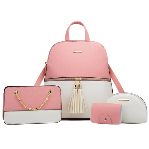 Saffiano PU Leather Women Backpack Crossbody Bag Handbag Card Holder Color Block Tassel Multi Functional Elegant