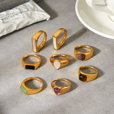 Vintage Natural Stone Stainless Steel Ring 18K Gold Plated Geometric Wide Band Jewelry For Women Minimalist Waterproof