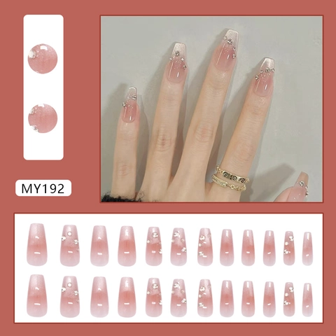 Kunstnagels Press On Roze Verloop Cat Eye Lange Kistvorm Met Glitter Steentjes ABS Kunststof