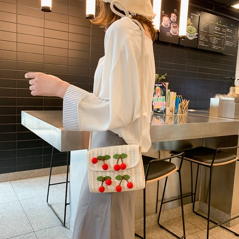 Bolso De Hombro De Paja Tejida Para Mujer Decoración De Cereza 3D Bolso Cruzado Pequeño Cuadrado Estilo Dulce