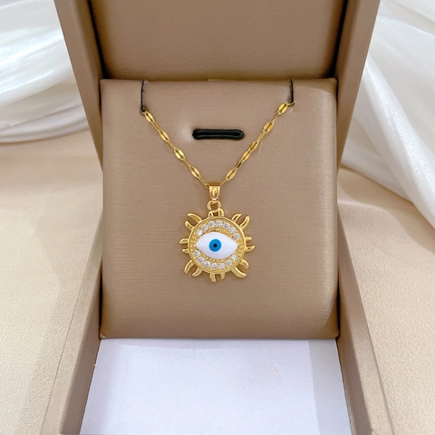 Evil Eye Sonnenstrahl Anhänger Halskette Edelstahlkette Kupfer Zirkon Luxusschmuck Für Damen Vergoldet Elegant