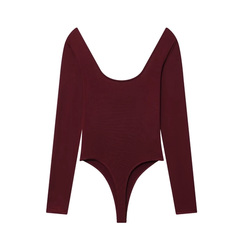 Damen Sexy Square Neck Langarm Bodysuit Baumwollmischung Slim Fit Einfarbig Streetwear Gerippter Einteiler Top