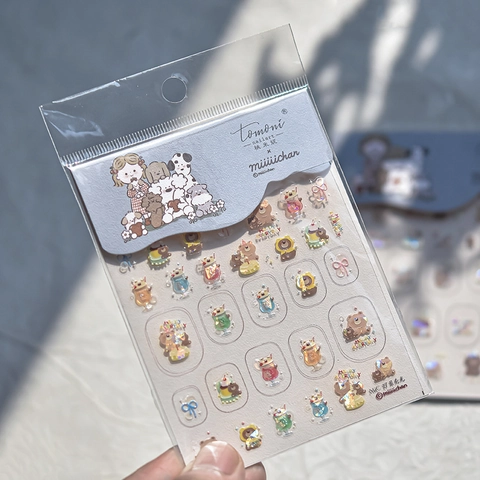 Adesivi Per Nail Art Kawaii Cartone Animato Cane Orso Iridescente Effetto Conchiglia Adesivo Decorazione Manicure DIY