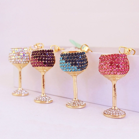 Wine Glass Keychain Sparkling Rhinestone Goblet Pendant Alloy Metal Bag Charm Creative Decorative Accessory For Women