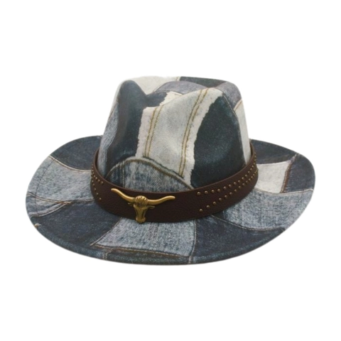 Western Cowboy Hat Denim Patchwork Wide Brim Bull Head Ornament Leather Band Rivets Retro Sun Protection Outdoor Hat