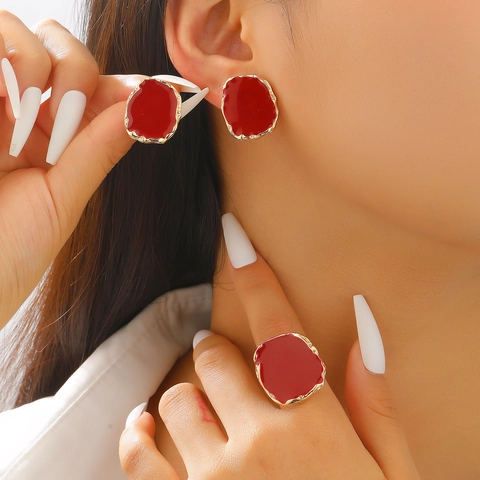 Vintage Irregular Geometric Jewelry Set Zinc Alloy Enamel Square Ring Stud Earrings Retro Palace Style Women Accessories