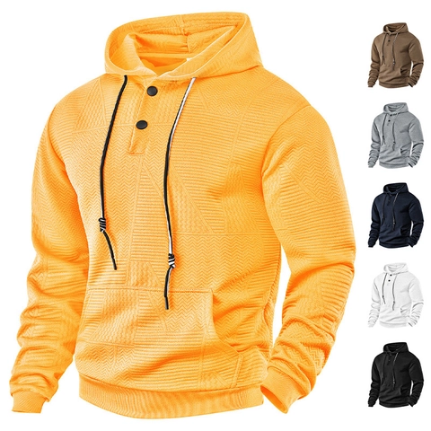 Men Hoodie Long Sleeve Button Up Collar Textured Knit Drawstring Kangaroo Pocket Loose Fit Casual Sweatshirt