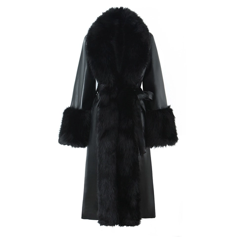 Dames Lange PU Leren Jas Met Kraag Van Kunstbont Ceintuur Casual Slanke Pasvorm Winterjas