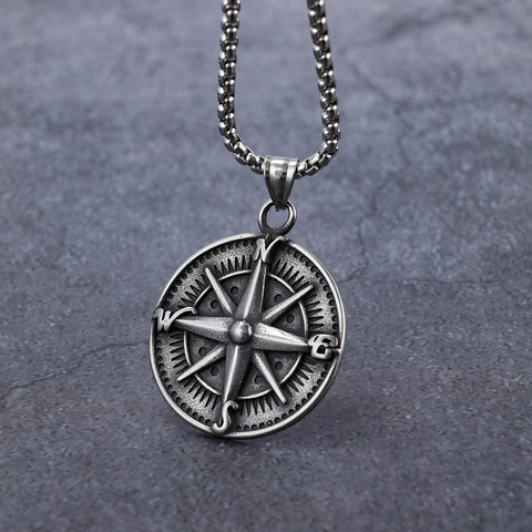 Vintage Edelstahl Kompass Anhänger Halskette Für Herren Rund Nautischer Punk Stil Schmuck