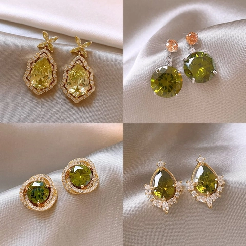Green Heart Zirconia Planet Ear Studs Copper Earrings With Silver Earring Post Luxurious Fashion Jewelry For Women