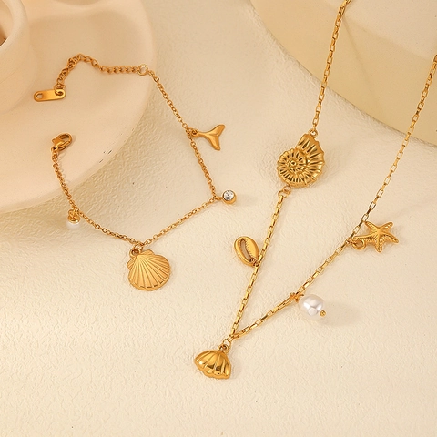 Stainless Steel Ocean Theme Seashell Starfish Fish Tail Pendants Necklace Bracelet Earrings With Imitation Artificial Pearl Gold