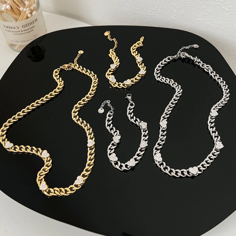 Collier Coeur Strass Chaîne Gourmette Acier Inoxydable Charmes Cristal Étincelants Bijoux Mode Élégants Pour Femmes
