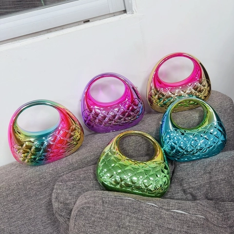 Bolso Bandolera Mujer Acrílico Metálico Brillante Acolchado Fiesta De Noche Bolso De Mano Con Correa De Cadena Metálica