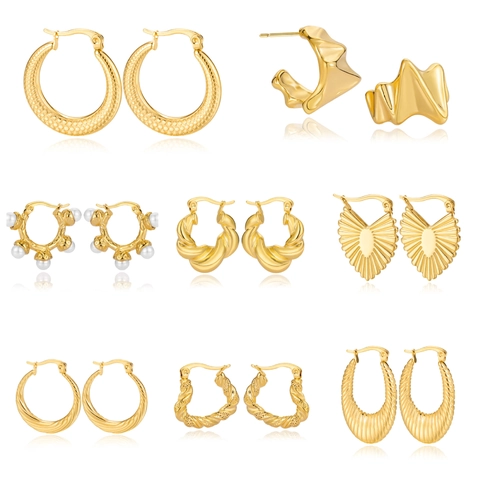 Chunky Creolen 18K Vergoldeter Edelstahl Geometrisch Texturiert Croissant Stil Vintage Schmuck Für Damen