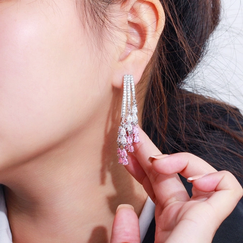 Long Tassel Dangle Earrings Pink White Teardrop Zirconia Copper Luxury Elegant Women With 925 Sterling Silver Earring Post