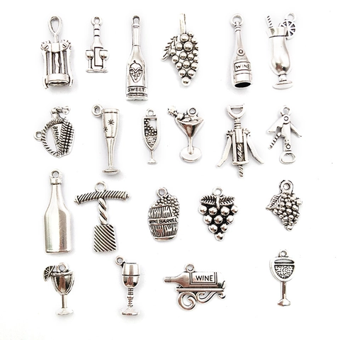 Antique Silver Alloy Wine Bottle Glass Grapes Corkscrew Charms For DIY Jewelry Making Crafts Findings