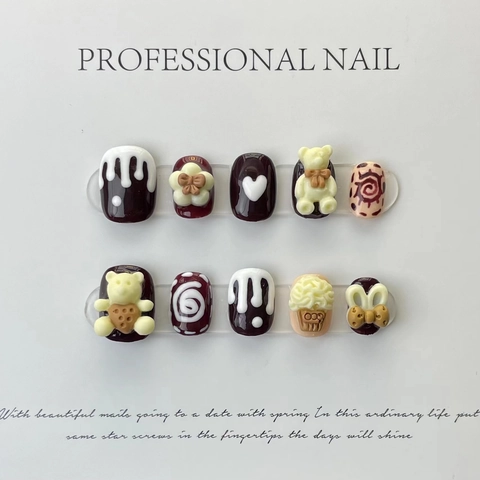 Handmade Press On Nails 3D Cute Bear Chocolate Dessert Style Sweet Bow Heart Cream Texture False Nails For Women