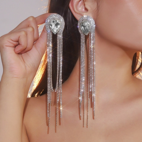 Luxus Strass Lange Quasten Ohrringe Für Damen Kupferlegierung Tropfen Kristall Hängeohrringe Abendessen Party Abendkleid Schmuck