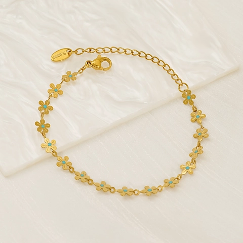 Flower Shaped Bracelet 18K Gold Plated Stainless Steel Blue Enamel Floral Adjustable Retro Fashion Jewelry For Women
