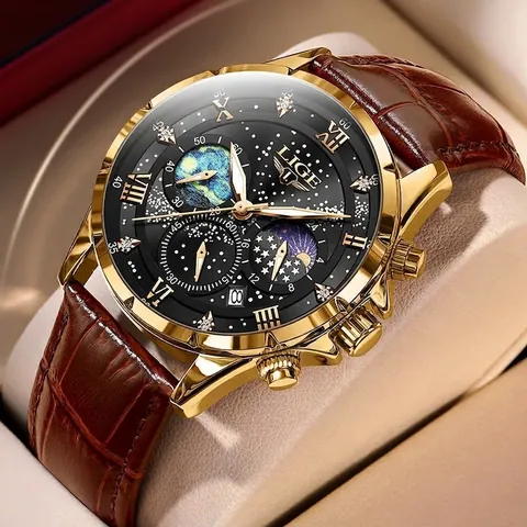 LIGE Orologio al Quarzo da Uomo Business Fase Lunare Luminoso Impermeabile Orologio da Polso Cinturino in Pelle Quadrante Stellato Lusso Moda