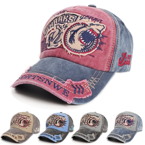 Cappellino Da Baseball Vintage In Cotone Lavato Con Ricamo Squalo Distrutto Retro Streetwear Unisex Regolabile Berretto