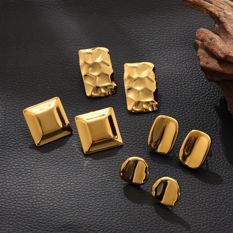 Geometric Copper Stud Earrings For Women Gold Plated Hammered Texture Square Round Rectangular Fashion Jewelry Accessories Gift