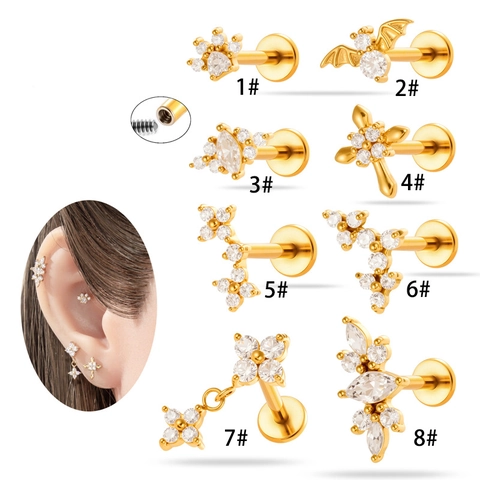 Roestvrij Staal Cubic Zirconia Oorkraakbeen Studs Interne Schroefdraad Platte Achterkant Lipringen Bloem Lichaamssieraden