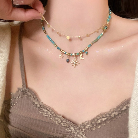 Collana Bohémien A Strati Catena Disco Dorato Perline Turchesi Pendenti Stella Luna Sole Gioielli Vintage Donna