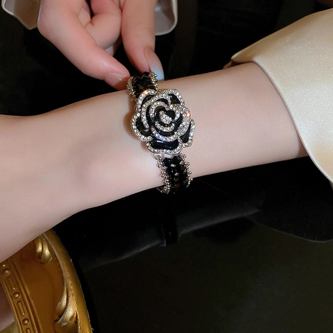Black Rose Flower Bracelet Copper With Rhinestone And Crystal Beads Adjustable Retro Elegant For Women