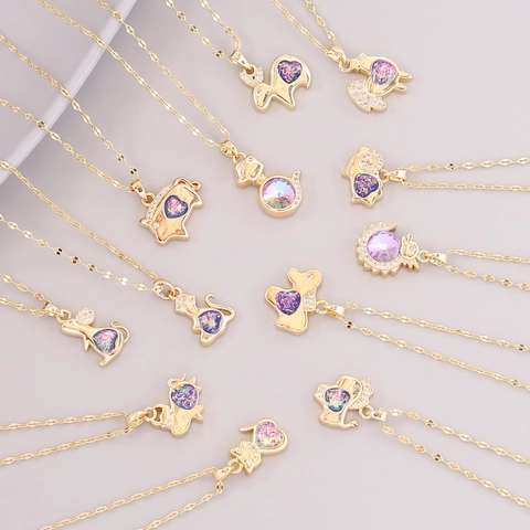 Collana Con Pendente Zodiaco Rame Placcato Oro 18K Zircone Segni Animali Colorati Gioielli Di Moda Regalo Donna