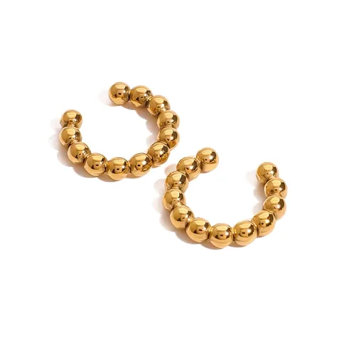 Minimalist 18K Gold Plated Stainless Steel Beaded C-Shaped Ear Cuff Geometric Non-Piercing French Vintage Style Earrings For Women