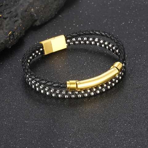 Bracciale Da Uomo In Pelle Intrecciata A Doppio Strato Perline In Acciaio Inossidabile Chiusura Magnetica Gioielli Minimalisti