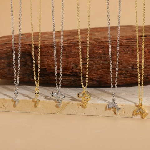Collana Con Ciondolo Serpente Delfino In Rame E Zirconi Placcata Oro 14K Choker Catena Clavicola Gioielli Animali Donna