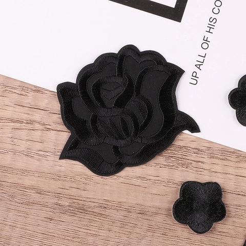 Black Rose Embroidery Patches Flower DIY Clothing Decor Iron On Sew On Polyester Fabric Stickers For Bags Jackets